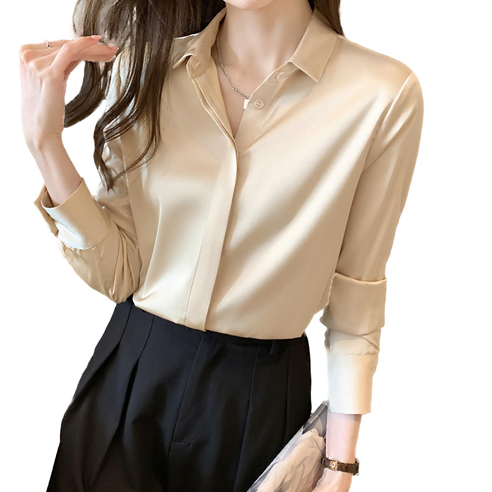 HIYIRUI Women's Satin Blouse Fashion Long Sleeve Satin Silk Shirt Work Office Top Casual Shirt,Champagne,S