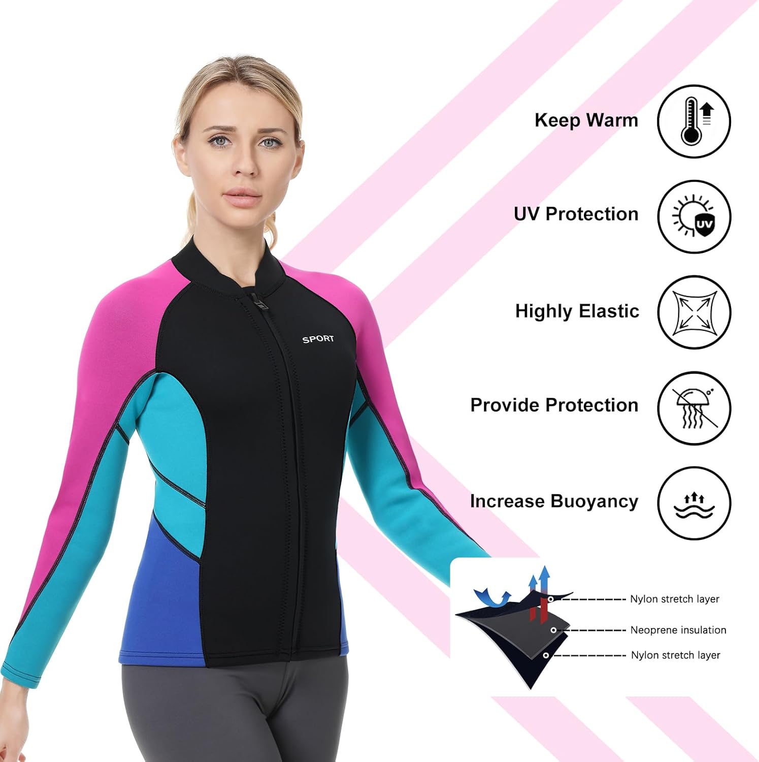 Women Men Top Wetsuit Jacket, 2mm 3mm Neoprene Swim Wet Suit Shirt Long Sleeves Front Zip for Adult Youth Cold Water Snorkeling Diving Surfing Watersports - Image 3