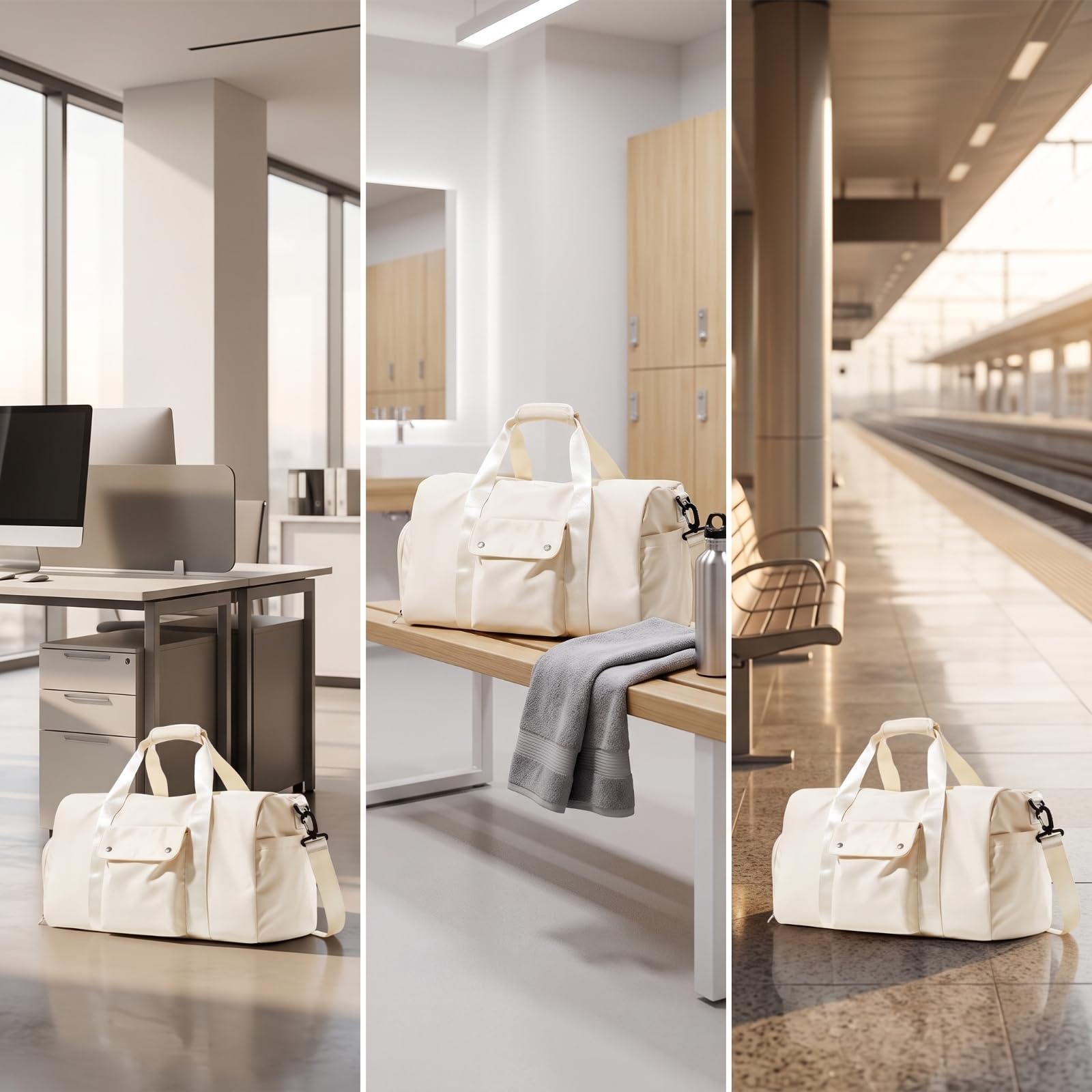 Borsone con Tasca Laterale Funzionale, Beige