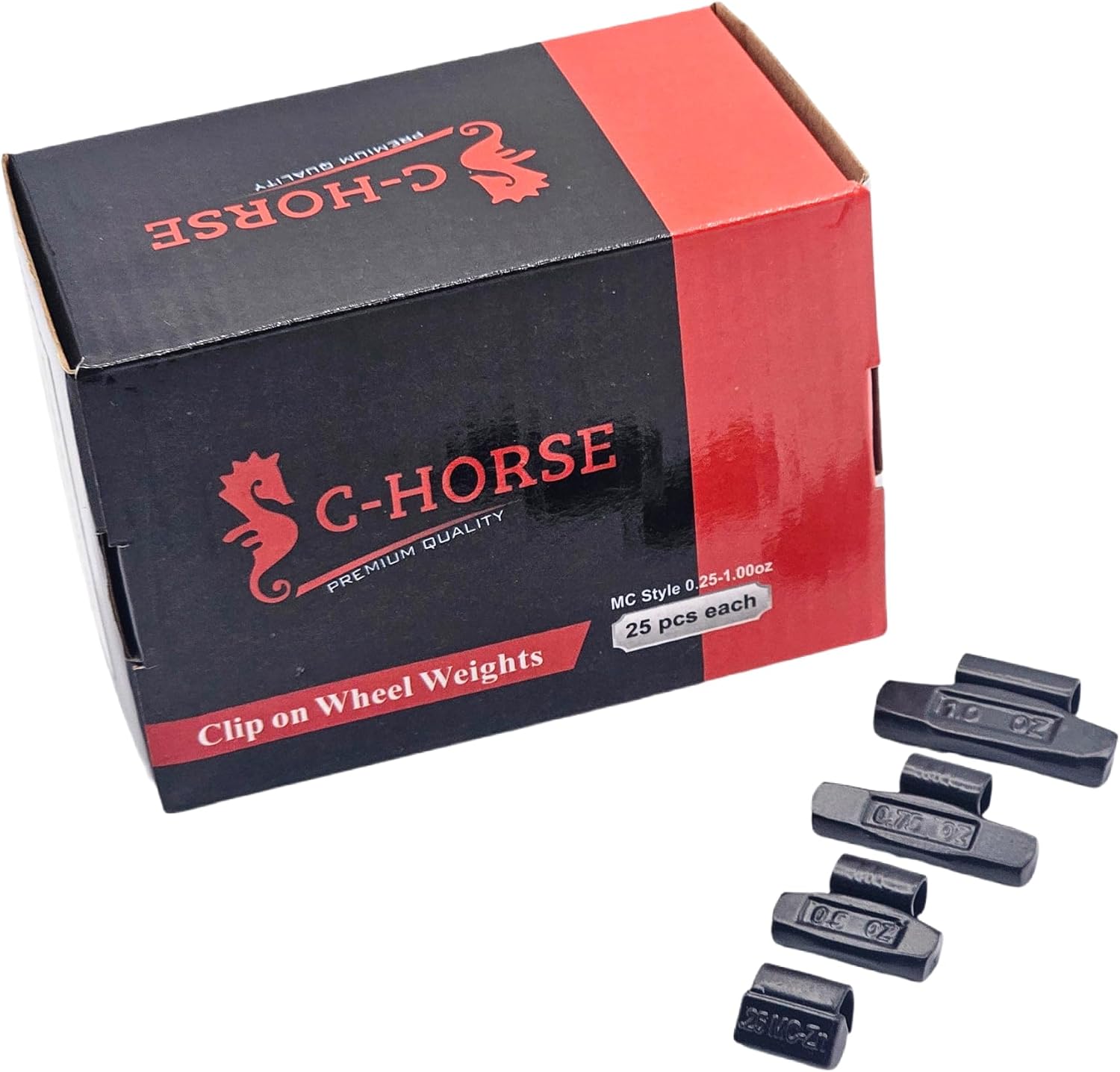 C-HORSE 100Pcs Black Coated Clip-On Wheel Weights MC Series Assortment for Hammer Type Rim Balancers, 0.25oz, 0.50oz, 0.75oz, 1.0oz, 25pcs for Each Size Fit for Steel Wheel (MC Style, 0.25-1)