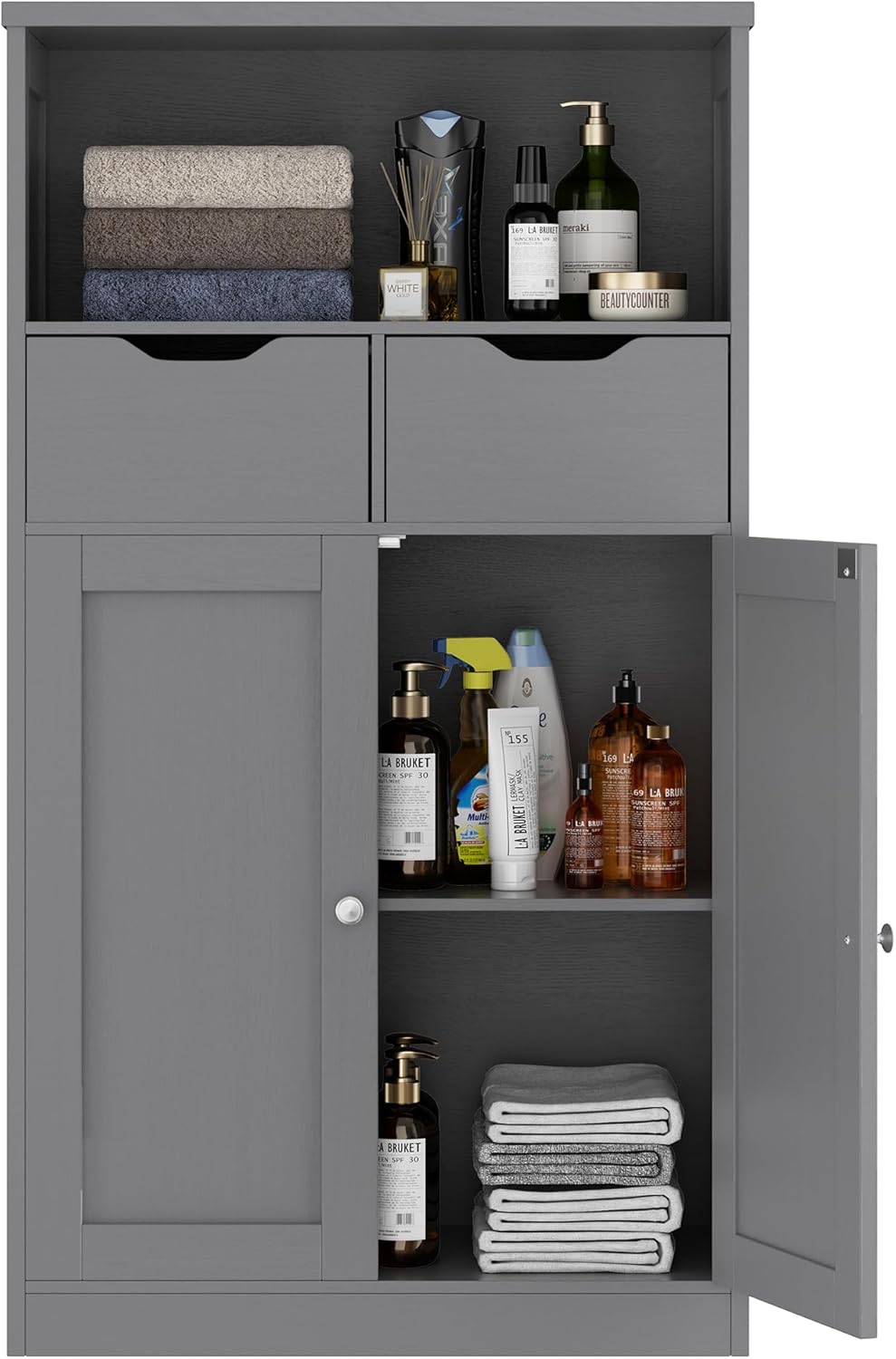 Walsunny Floor Storage Cabinet in a bathroom setting, filled with various toiletries and towels.