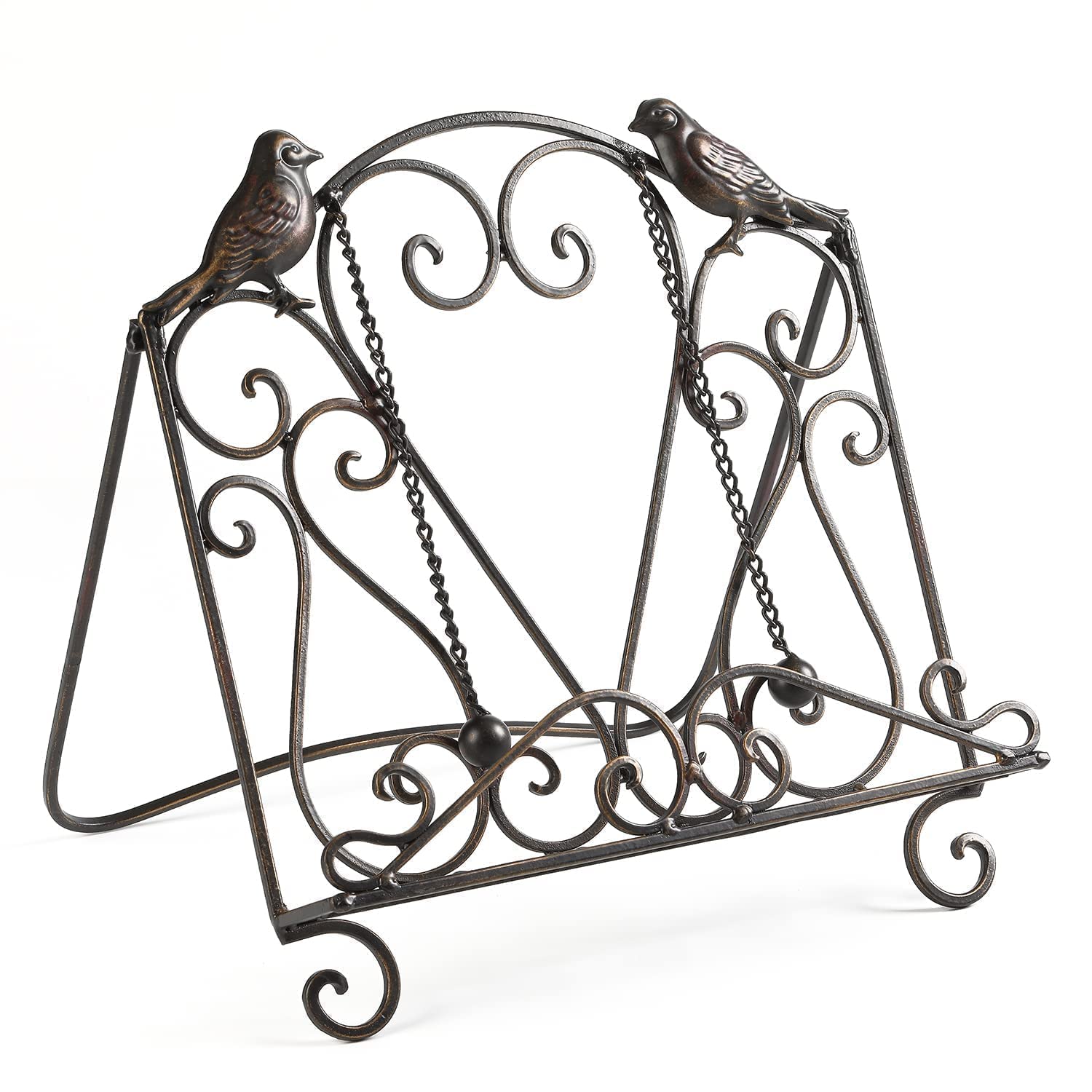 Soporte de metal para libros de recetas para cocina (pájaros/pergaminos vintage, bronce)