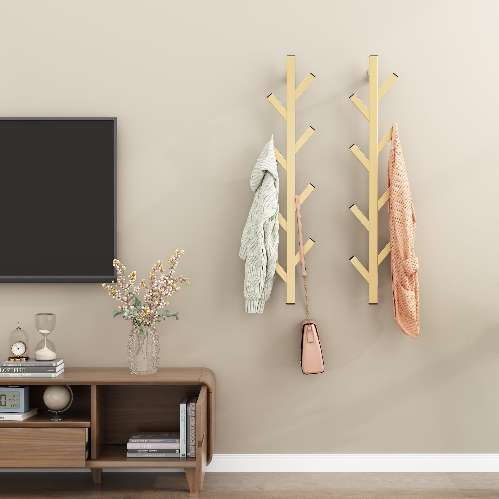 Pack Wall Mount Gold Coat Rack, 39 Inch Metal Coat Tree with Hooks,  Modern Coat Hanger Rack for Entryway, Living Room, Bedroom (Gold)