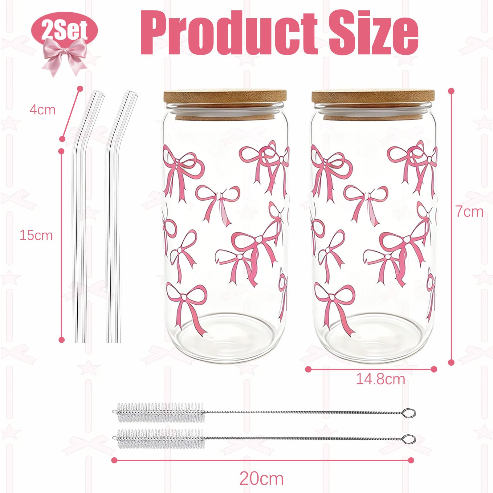 2 bicchieri con cannuccia e coperchio, bicchieri da 16 Oz Matcha, vetro a forma di lattina, bicchieri da tè a bolla con spazzola, bicchieri rosa Aesthetic per bevande, succhi di frutta, caffè
