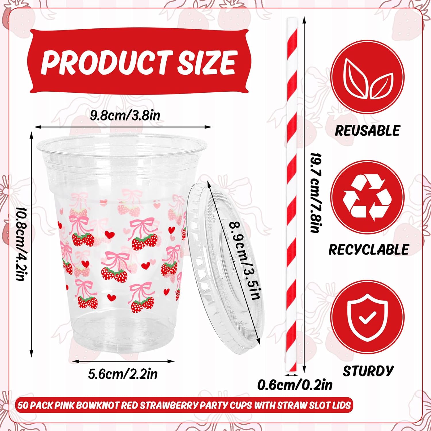 JarThenaAMCS 50Pcs Pink Bow Strawberry Disposable Plastic Cups with Lids and Straws 12Oz Cute Bowknot Strawberry Cold Beverage Drinking Cups for Summer Birthday Wedding Party Supplies - Image 2