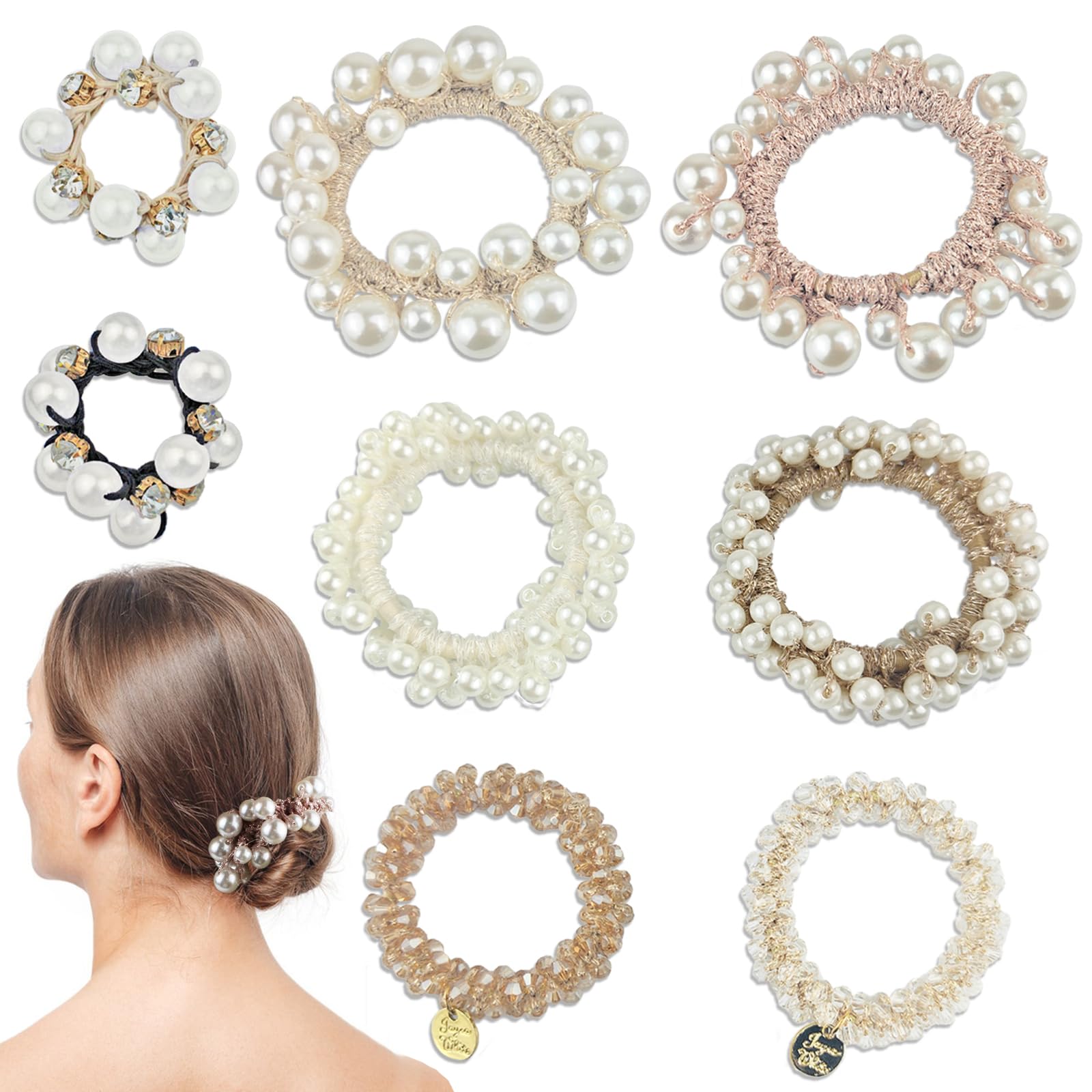 8 PCS Pearl Hair Ties Elastic Hair Scrunchies Elastic Hair Bands Beaded Ponytail Holders Stretchy Bands Bead Ropes Hair Accessories for Women