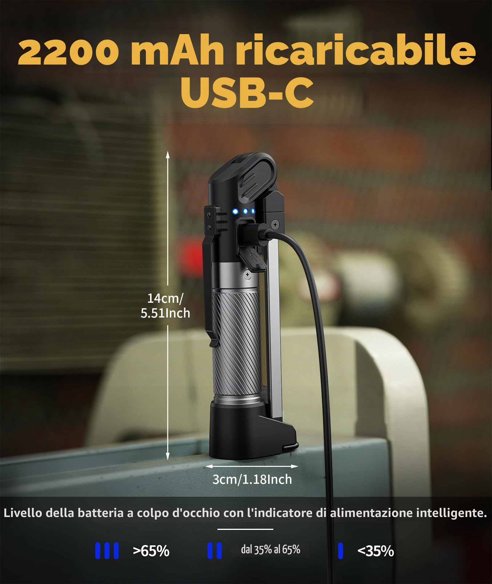 HOTLIGH lampada da lavoro - 800 lumen torcia led ricaricabile con design pieghevole multifunzionale, 2200 mAh lampada officina, 3 modalità di illuminazione luce led ricaricabile, 1 confezione