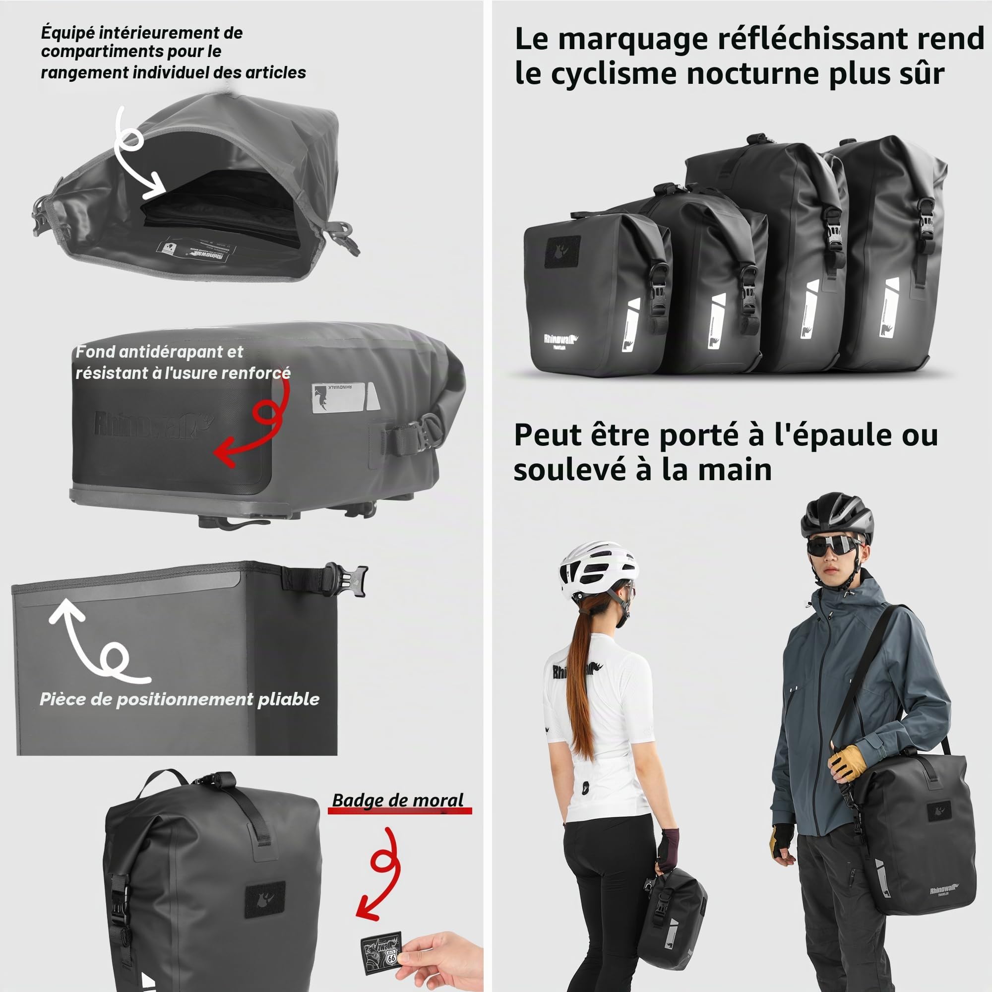 Rhinowalk Sacoche étanche pour vélo de 12 L, sac à bandoulière pour ordinateur portable, sac de voyage, accessoire professionnel pour vélo, couleur noire (1 pièce)