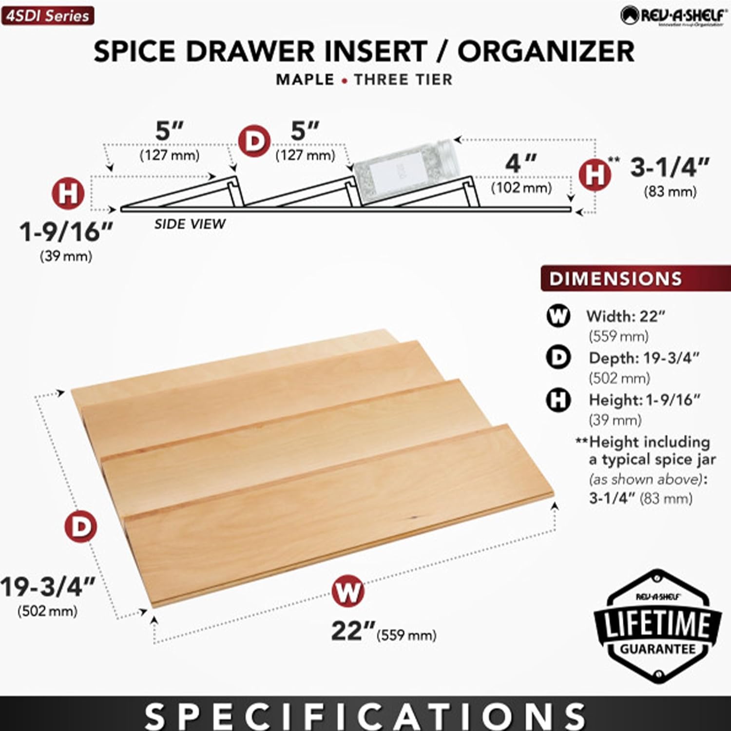 Rev-A-Shelf 22" 3 Tiered Seasoning Organizer, Trim-to-Fit Wooden Kitchen Draw and Cabinet Home Storage Insert, Pull Out Spice Rack, Maple, 4SDI-24