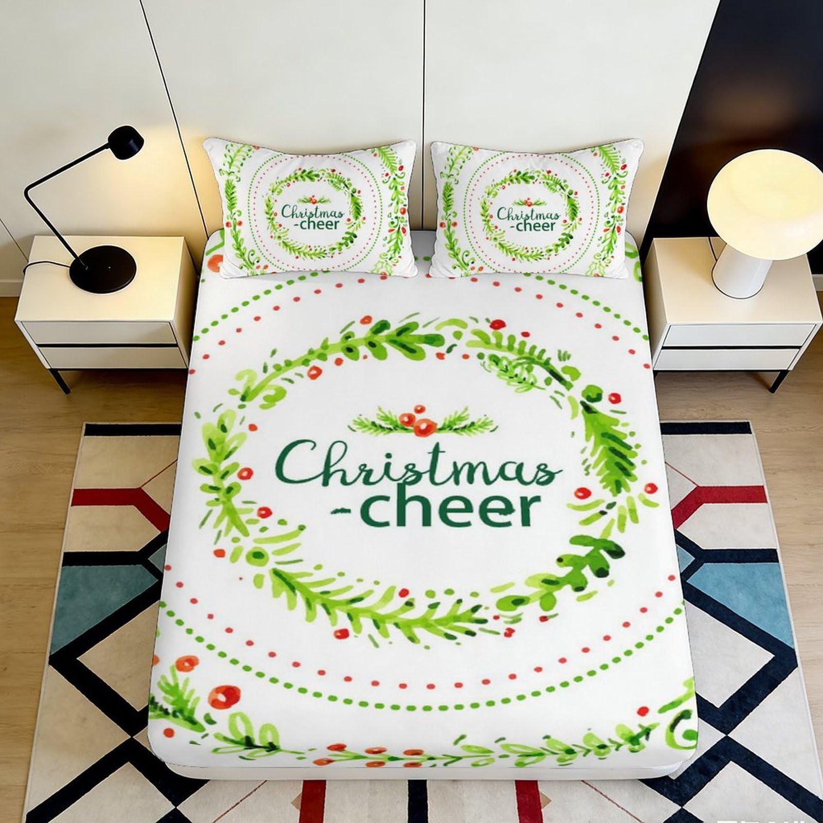 3D Printed Christmas Wreath Fitted Sheet Microfiber Soft Holiday Cheer Bed Cover for Bedroom Guest Room Decor 90x200x25cm