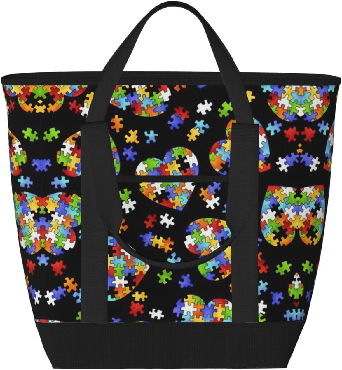 Autism Awareness Puzzle Pieces Heart Print Large Cooler Bag Tote Bag,Reusable Grocery Bag,Lunch Box Bag, For Picnic Beach Camping