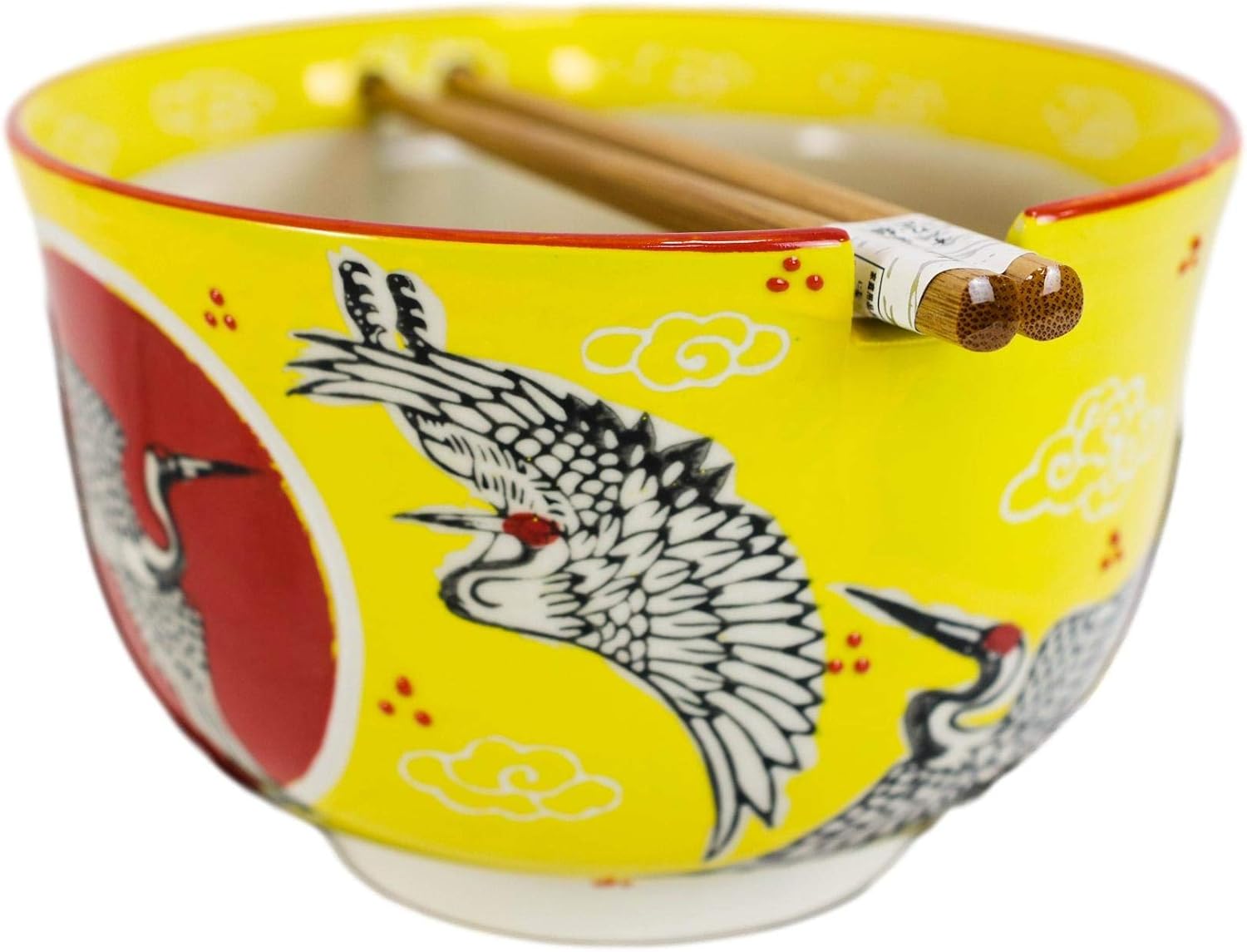 Ebros Red Flying Crane With Red Moon Yellow Sky Ramen Udon Noodles Large 6.25"D Soup Bowl With Bamboo Chopsticks And Built In Rest Set for Asian Dining Rice Meal Bowls Decor Kitchen