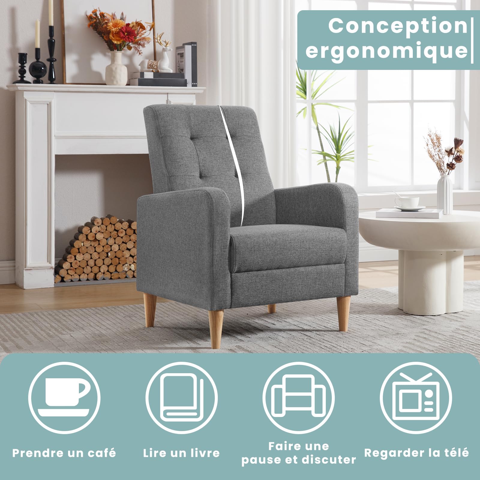 WOLTU Fauteil Salon, Fauteuil Relax à Dossier Haut, Chaise de Relaxation avec Pieds en Bois Massif, Accoudoirs, Siège Rembourré, Revêtement en Lin, pour Salon, Bureau, Gris Foncé, SKS41dgr