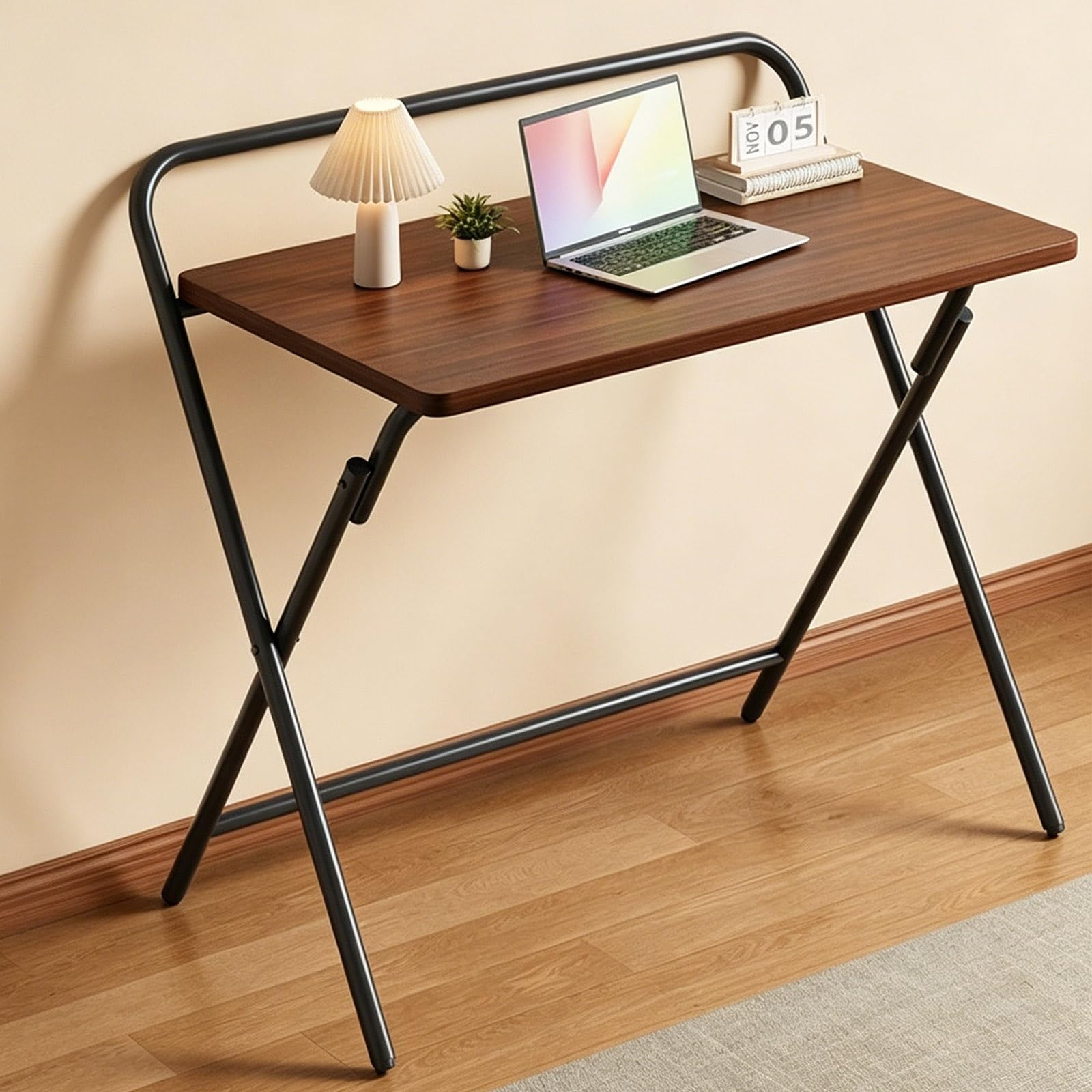 Bureau pliant sans assemblage en noyer foncé et métal robuste