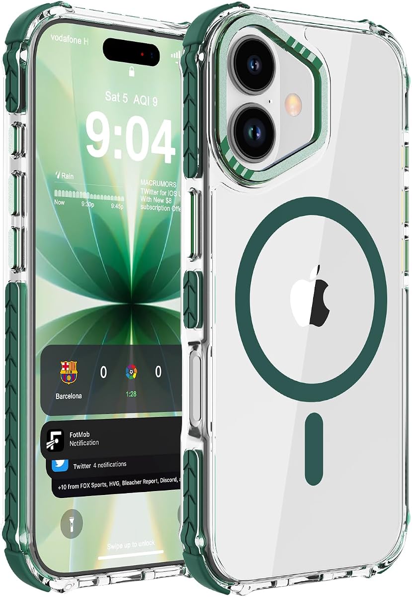 DEERLAMN Strong Magnetic Case for iPhone 17 6.3-Inch,[Compatible with Magsafe][Military Grade Drop Protection] Clear Slim Shockproof Protective Phone Cover-Transparent+Green
