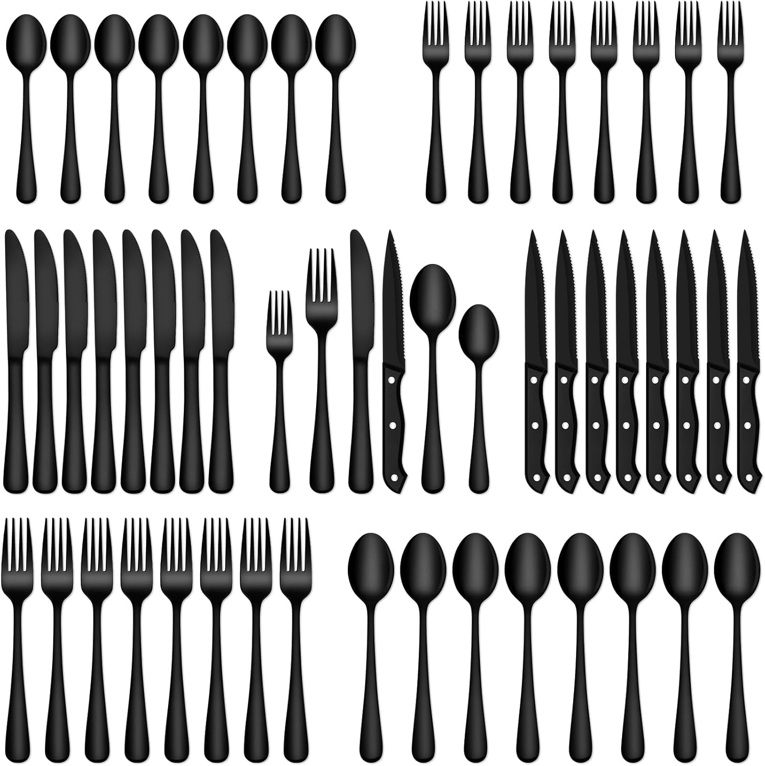 EUIRIO 48-Piece Black Silverware Set with Steak Knives, Heavy Duty Black Flatware Set for 8, Food-Grade Stainless Steel Tableware Cutlery Set, Utensil Sets for Home Restaurant, Mirror Finish