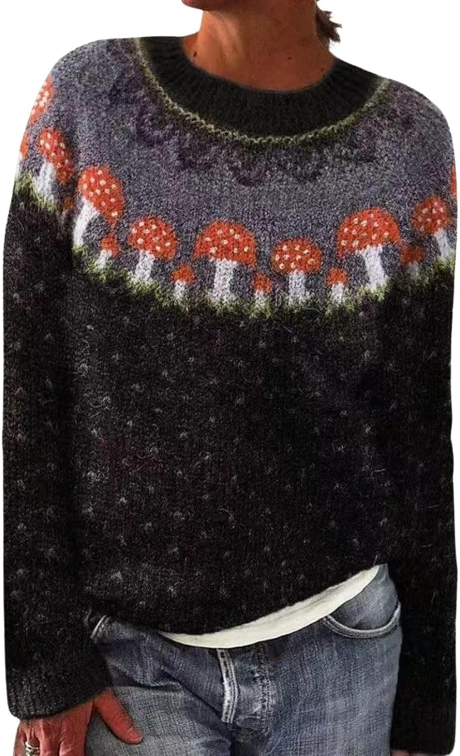 LIZALIG Women's Fair Isle Knit Pullover Sweater Oversized Casual Loose Crewneck Vintage Striped Long Sleeve Jumper Tops