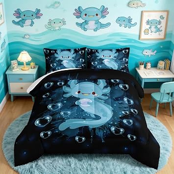 HOSIMA Axolotl Comforter Set Blue Axolotl Pattern Kawaii Bed Set for Kids Bedroom Decor,Twin Bed Set for Girls with 2 Pillowcases.
