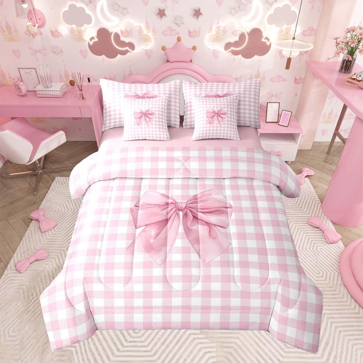 jejeloiu 7 Piece Bow Print Bed in a Bag Full for Boys Kids Cute Bowknot Sheet Set,Pink Bow Bed Set for Girls Women Bow Bedding Set with Comforter Princess Style Cushion Covers