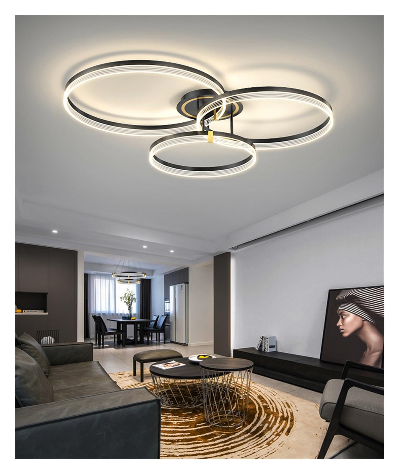 SYAXVOM Chandelier Living Room Ceiling lamp Creative Ring Hall LED Lamps Nordic Study Lights Master Bedroom(Black Three Rings S,Dimmable)