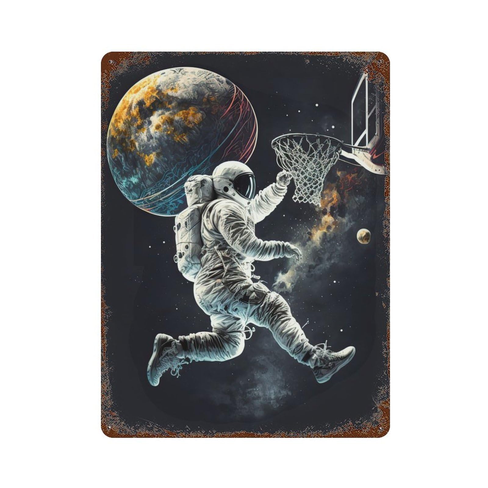 Astronaut Basketball Space Aged Metal Wall Plaque 15.7"x11.8", Industrial Home Decor for Pub, Kitchen And Man Cave Decor