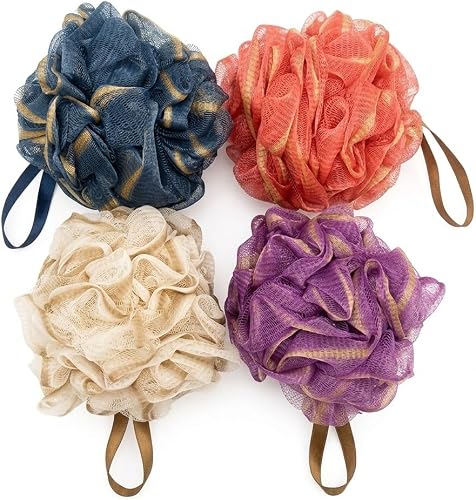Bath Loofah Shower Puff with Hanging Loop, Set of 4