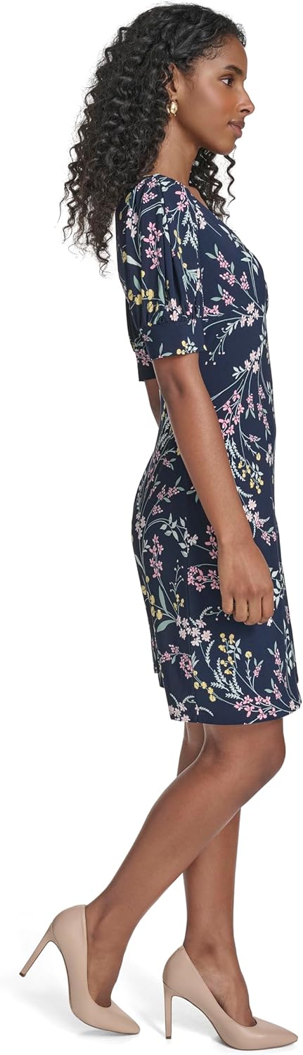 Tommy Hilfiger Womens Short Puff Sleeve V-Neck Floral Shift Mini Dress - Image 3