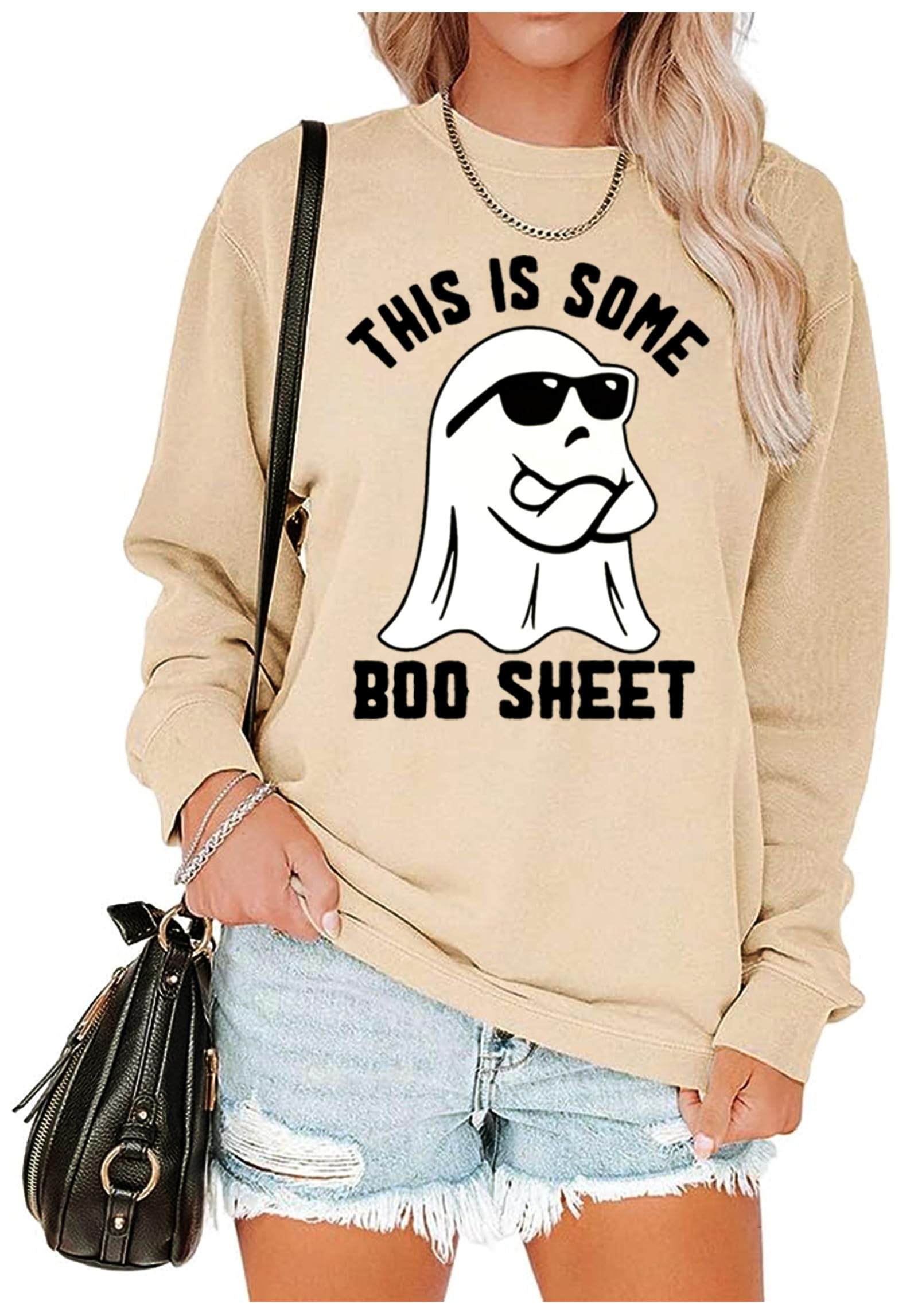 SUNFLYLIGSUNFLYLIG This Is Some Boo Sheet Halloween Sweatshirt for Women Funny Ghost Graphic Shirt Spooky Season Long Sleeve Tops