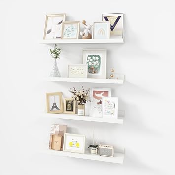 Acovy 24 inch Picture Ledge Shelf, Wood Floating Shelves Set of 4, White | Wall Mounted, For Living Room Kids Room Bedroom, Photo Ledge Nursery Book Shelves