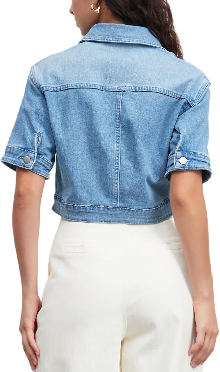 LifeShe Women Stretch Cropped Denim Jacket Short Sleeves Button Down Trucker Jean Jackets Coats - Image 2