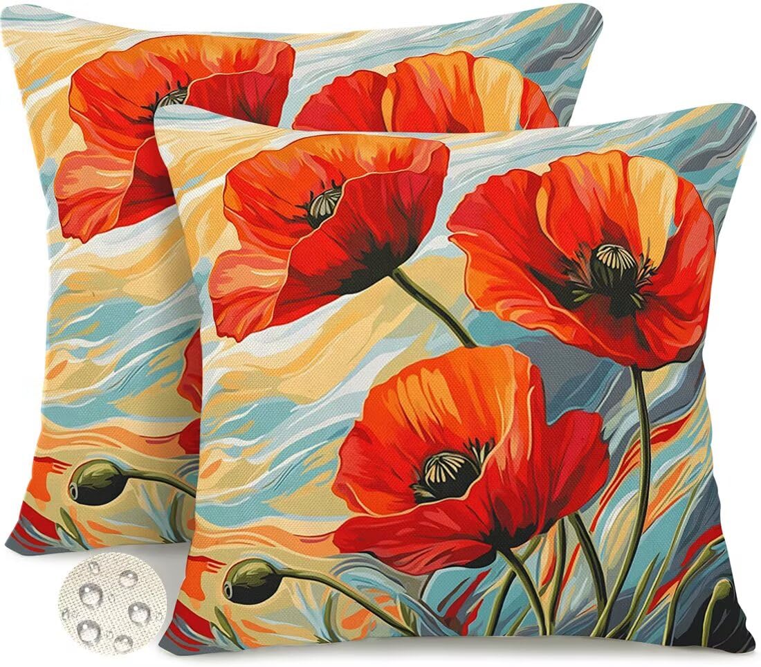 Outdoor Kissen Wetterfest Kissenbezüge 55x55 cm 2er Set Kissenbezug Mohnblume Sofakissen Deko Kissen Abstrakt Wasserfeste Frühling Sommer Kissenhülle Gartenkissen Zierkissen für Balkon Patio -GY195