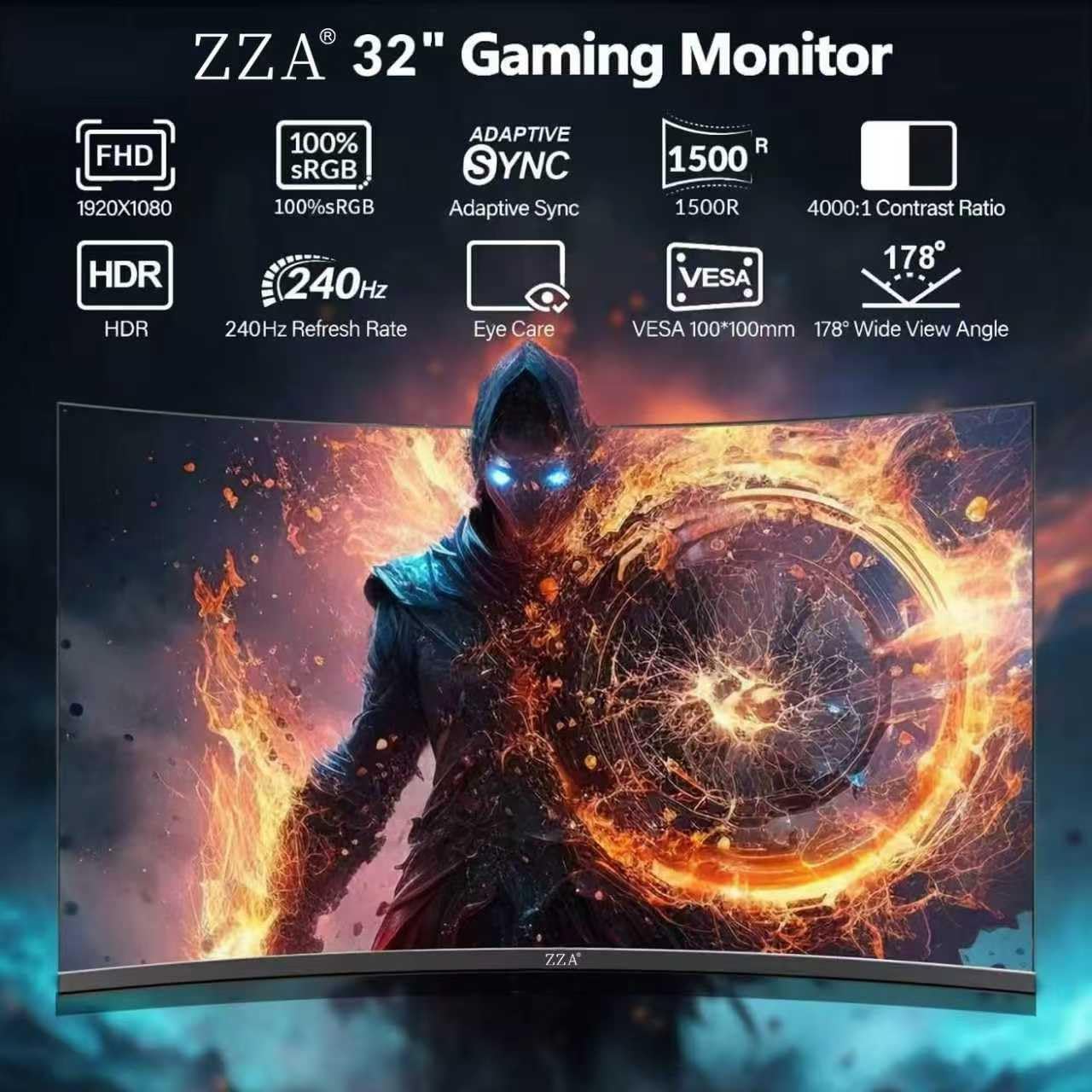 ZZA monitor displaying a racing game with 240Hz refresh rate highlighted