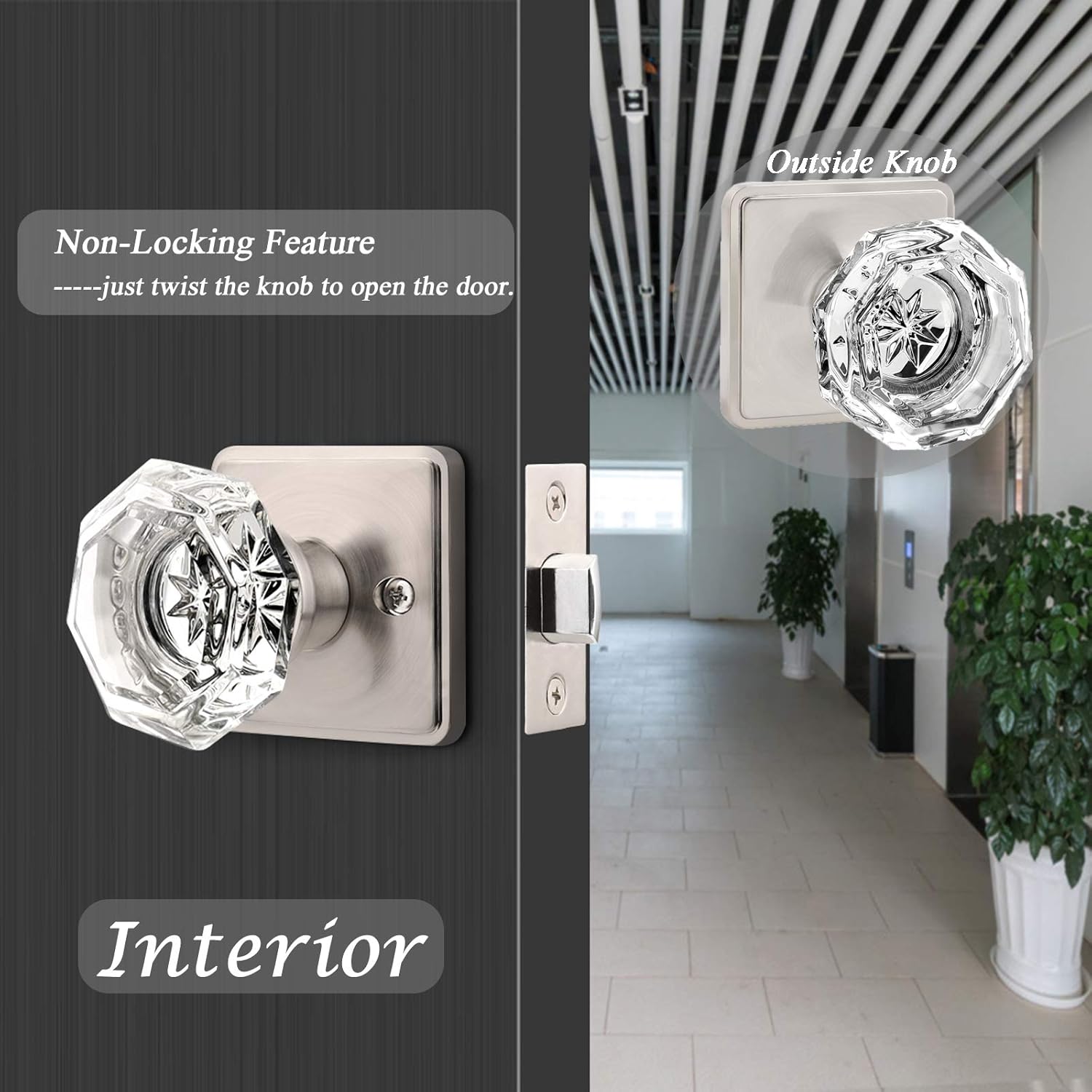 Orger Passage Glass Door Knob for Interior Hall and Closet, Clear Crystal Door Knobs in Satin Nickel Finish, Keyless Non-Locking Door Handles with Square Back Plate, 6 Pack
