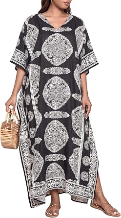 Caftan for Women Plus Size Black & White Long Maxi Beach Cover Up