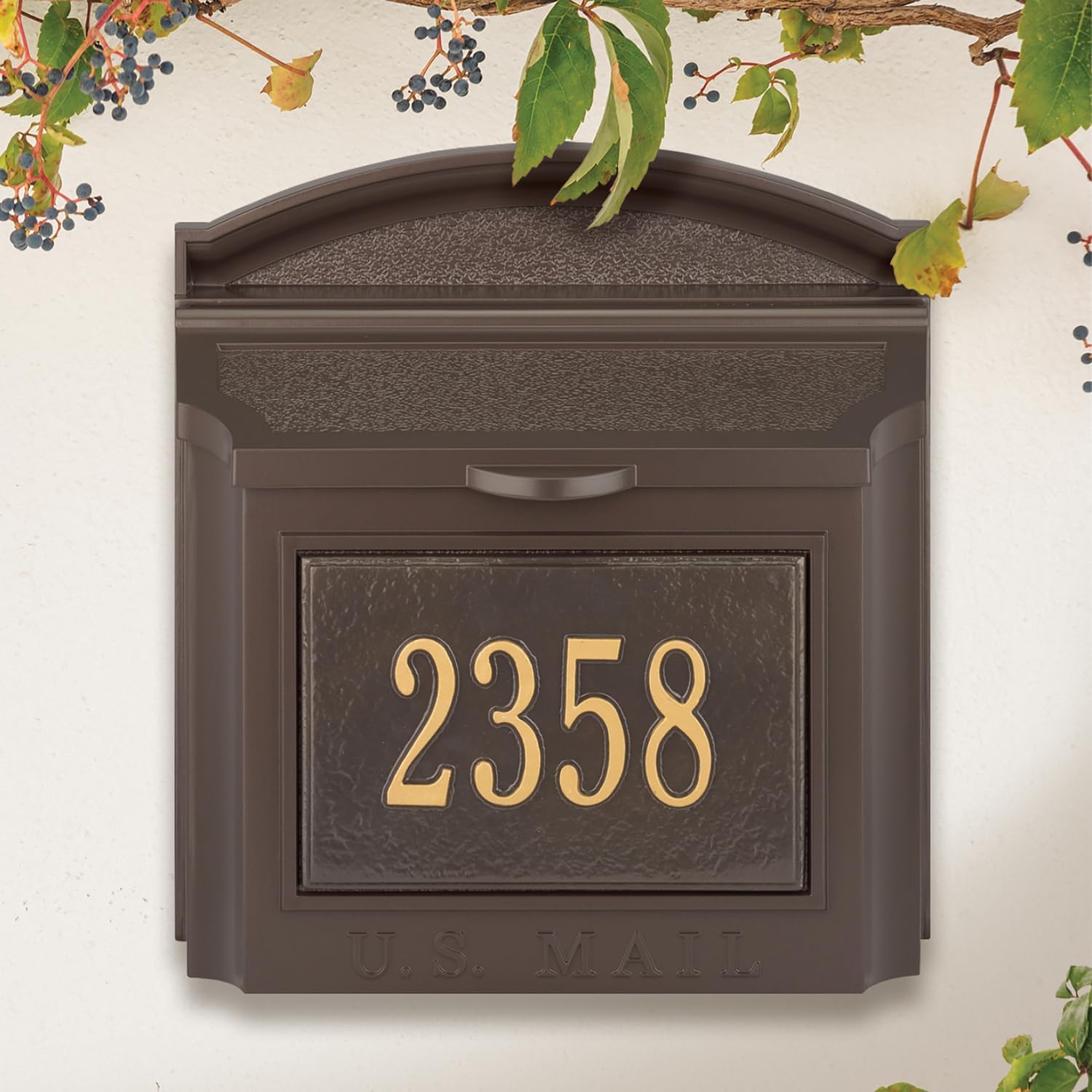 Whitehall Locking Mailbox Wall Mounted - Large Aluminum Mailbox with Gold House Numbers, Weather-Resistant Mail Box for House Front Door, Heavy Duty Mail Holder, Vintage Mailboxes for Outside - Bronze