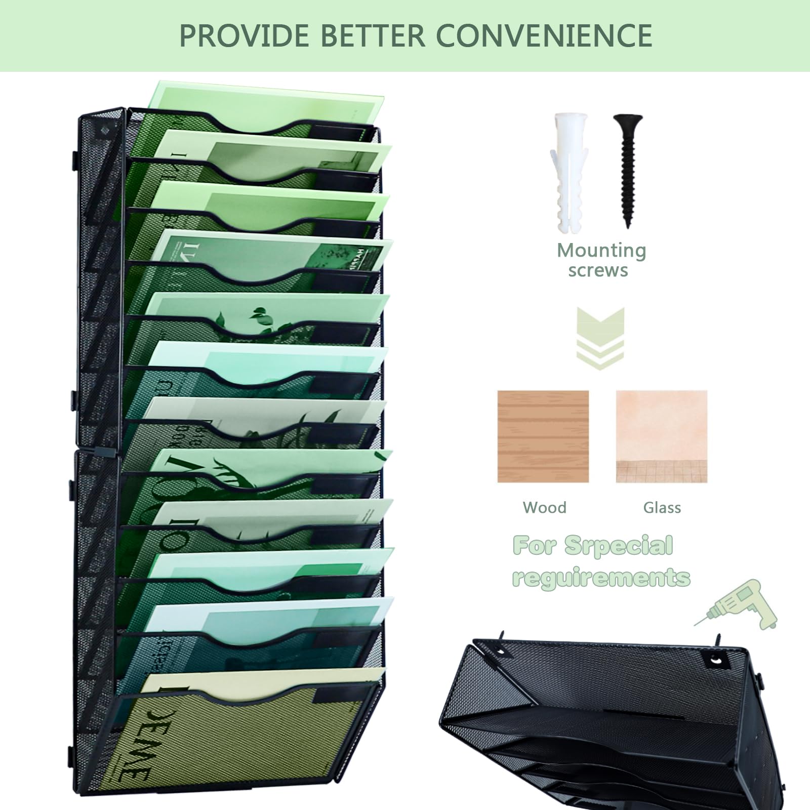 Organizador de archivos de pared vertical de malla 12 niveles negro