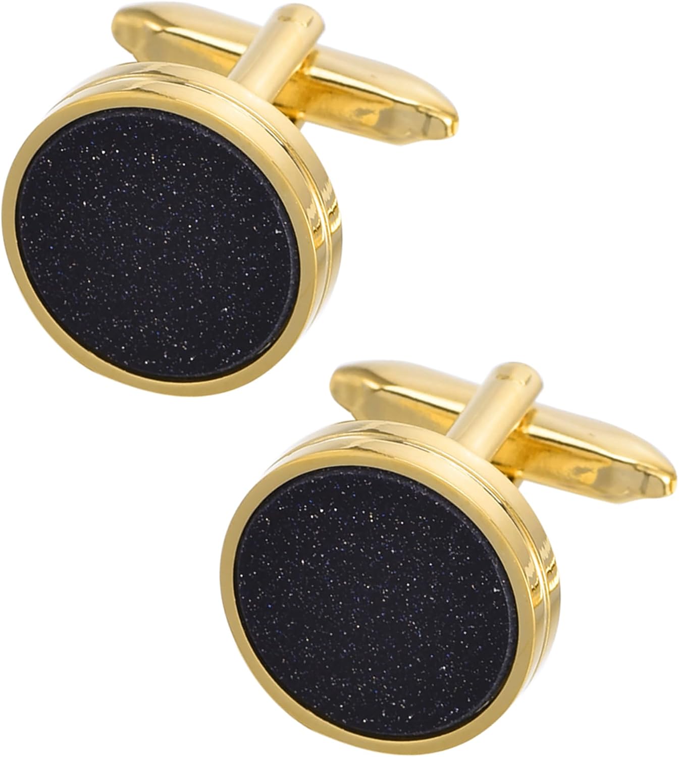 Round Sparkling Blue Goldstone Cufflinks for Men Women with Gift Box | Elegent Silver/14K Gold Plated Natural Sandstone Men's Cuff Links for Wedding Party Office formal or Casual Shirt Accessory