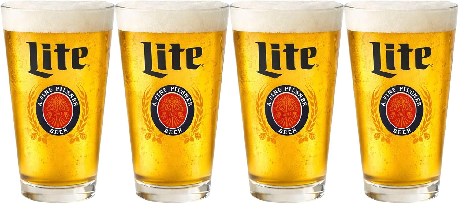 LORD'S ROCKS Miller Lite Beer Glasses 16oz Pint Glass - Set of 4 Authentically Licensed Compatible