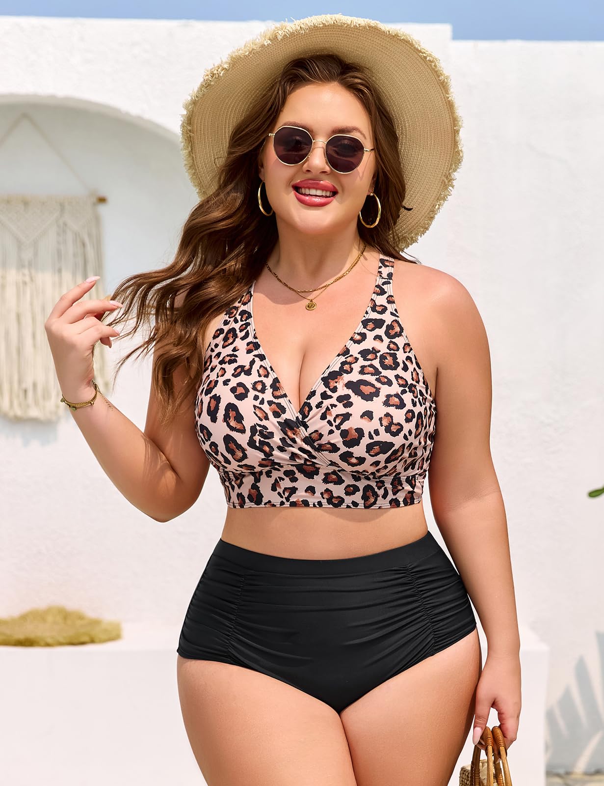 Maillot de Bain Femme 2 Pieces Grande Taille Gainant Bikini Taille Haute Ventre Plat Maillots Deux Pièces Col en V Vacances Plage Beachwear - 4