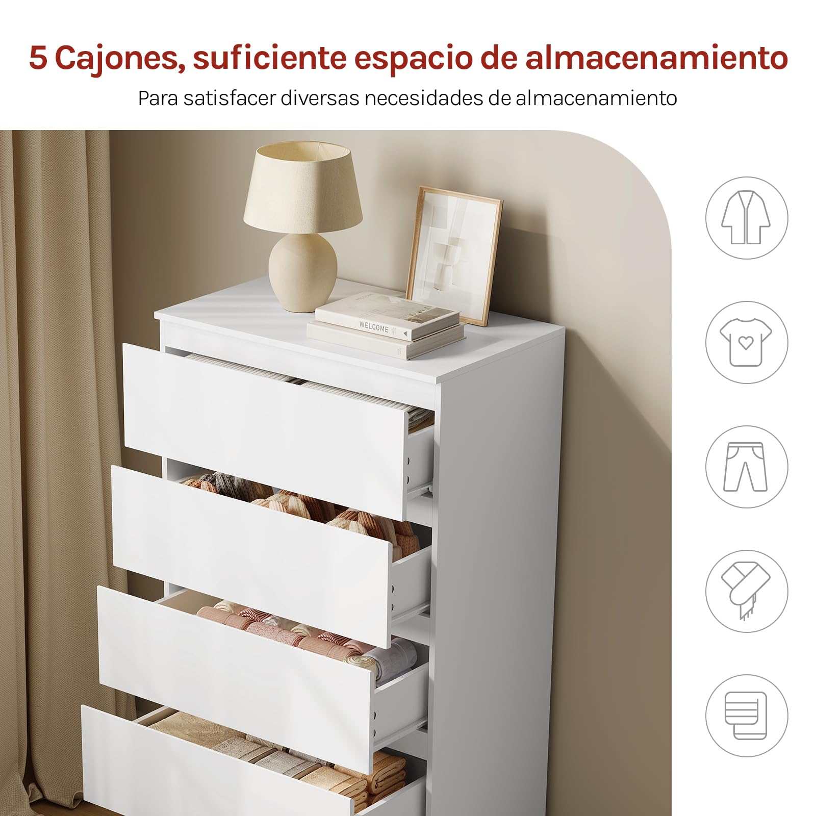 WOLTU Comoda Dormitorio, Cajonera de 5 Cajones Almacenaje, Cómoda Blanca, Mueble de Habitacion, Aparador Moderno para Salón Dormitorio, 60x37x110 cm, KMD006ws