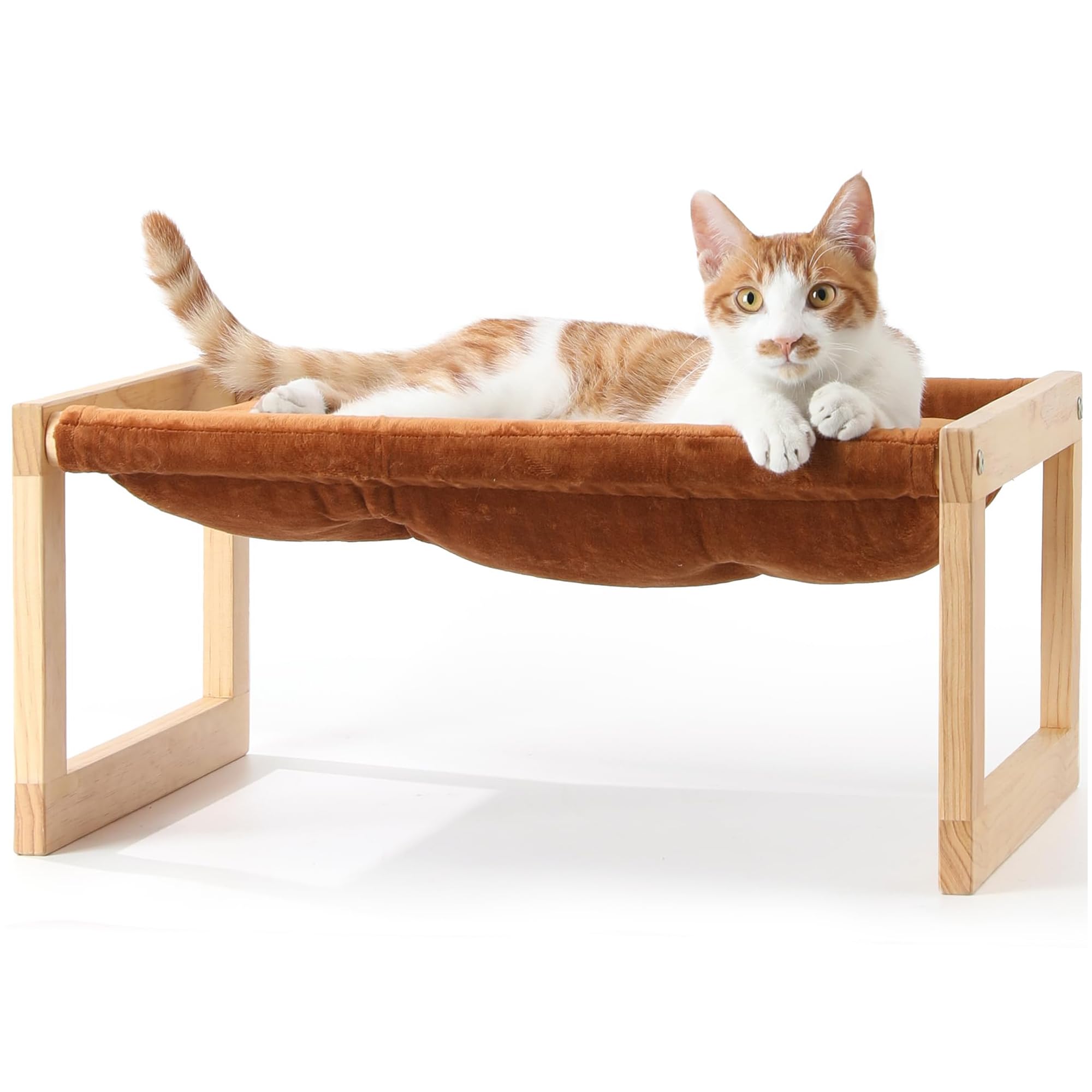 FUKUMARU Cuccia per gatti in velluto felpato per interni, amaca per gattini in legno, 53 x 41 cm, adatta per gatti, cani, conigli, conigli, gattini e piccoli animali, marrone