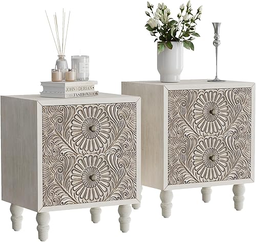 Miniatura 17 de HOMPUS Juego de 2 mesas auxiliares con cajón y estante, juegos de mesitas de noche vintage con cajón de patrones, mesita de noche de grano de 1