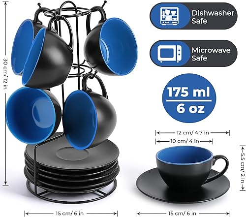 Miniatura 2 de MIAMIO - Juego de 6 tazas de capuchino apilables de cerámica, tazas de capuchino de 6 onzas y platillo con soporte de metal para bebidas de café,