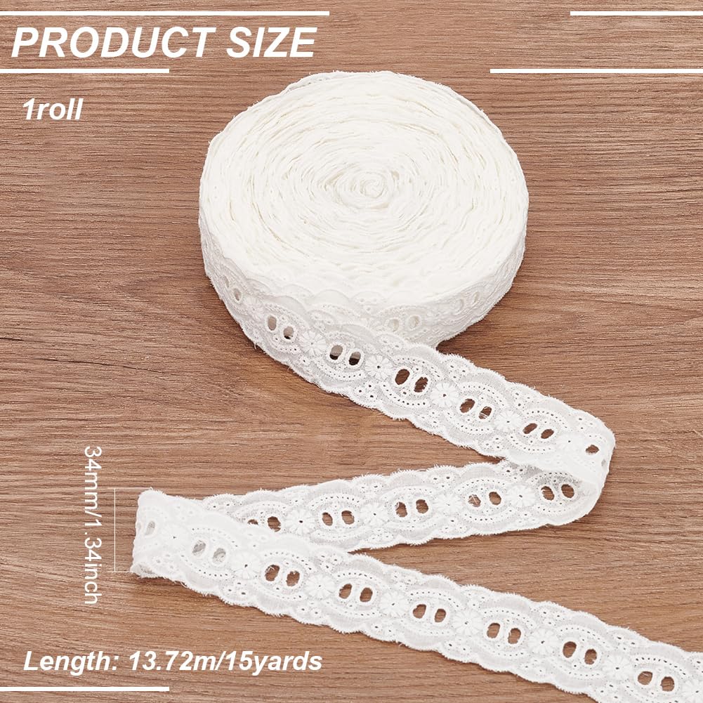FINGERINSPIRE 15 Yards Eyelet Lace Trims 1-3/8 inch Wide Cotton Embroidery Flower Ribbons Floral Beige Sewing Lace Ribbon Trimming for Garment Clothing Home Decor DIY Craft Supply