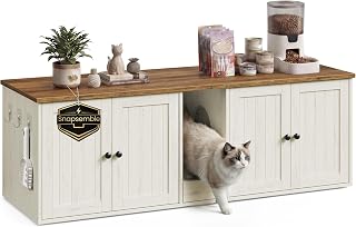 SONGMICS HOME Toolless Assembly Litter Box Enclosure, Cat House | Cat Washroom Furniture, Push-to-Open Doors, Rustic White and Honey Brown, HOPU Collection UPCL235WJ02S