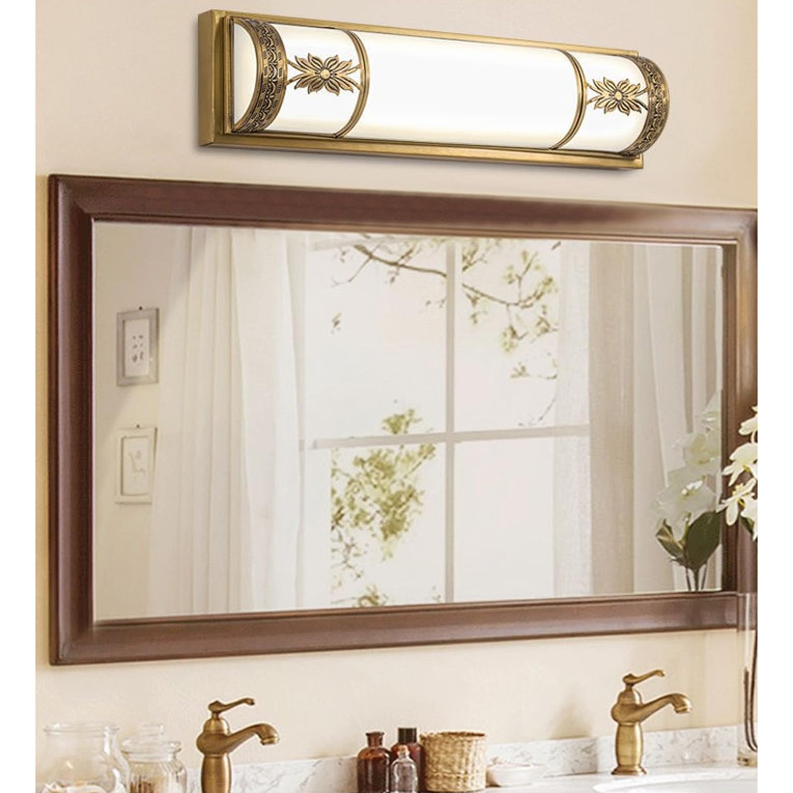 Luce Specchio Lampada da toletta a LED retrò Cinese Lampada da Bagno dimmerabile in Rame Pieno con Paralume in Vetro Lampada da Parete semicircolare per casa colonica di metà secolo Trucco
