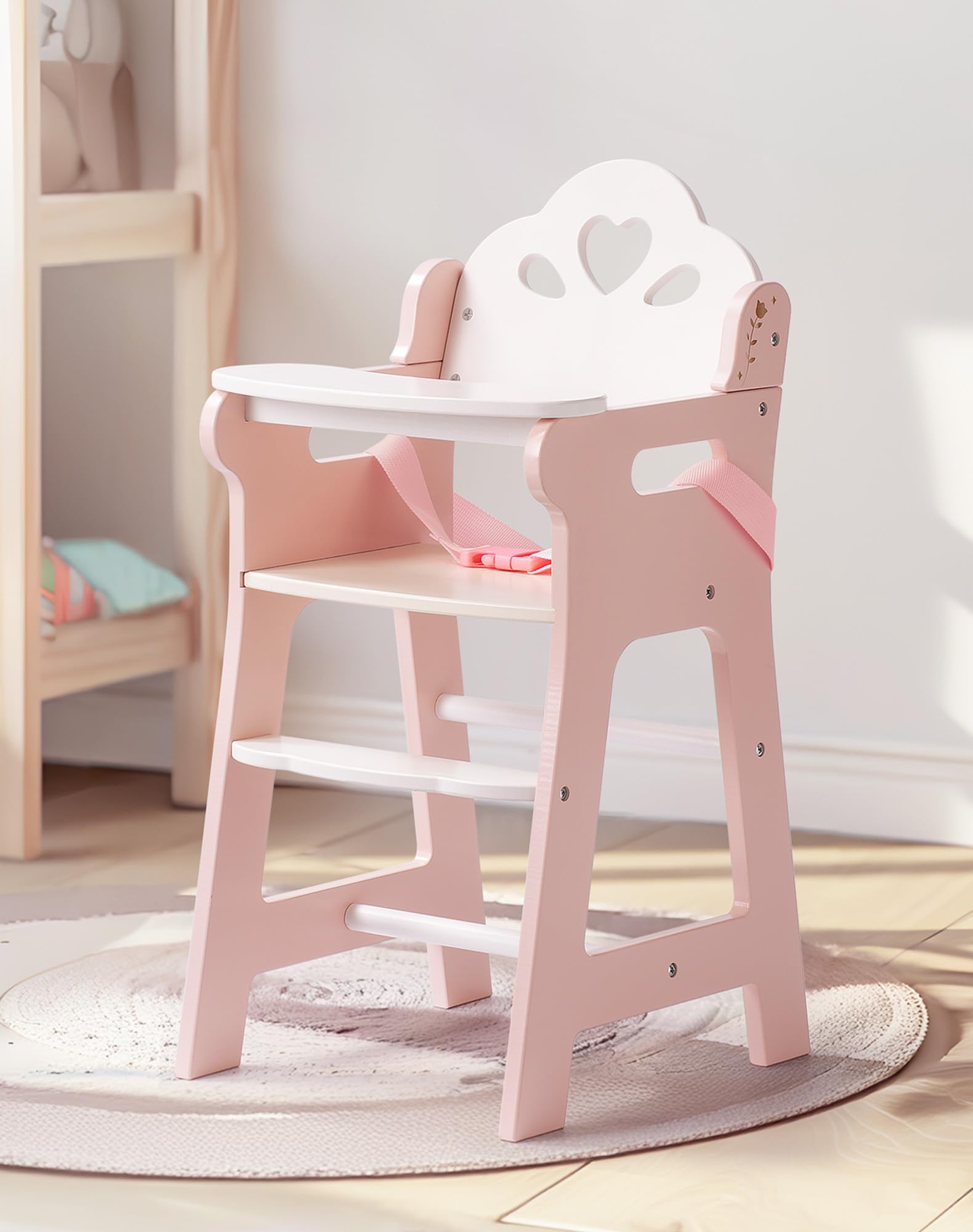 ROBUD Seggiolone per Bambini con Cintura di Sicurezza Regolabile, Tavolo e Poggiapiedi per Bambole fino a 18", Giocattolo dai 3+ Anni Rosa