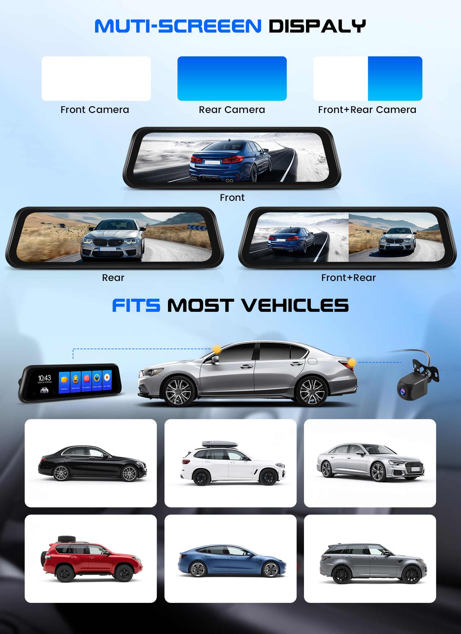 CAMECHO 9.66'' 4K Pantalla Táctil Dashcam Retrovisor Coche, Dash Doble CAM Frente y Trasero, Cámara Retrovisor para Coche con visión Nocturna,grabación en Bucle, Sensor G, GPS, ADAS, BSD