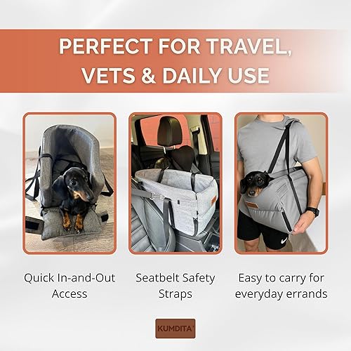 Miniatura 5 de Kumdita' Asiento de automóvil y transportador de consola central para perros y gatos pequeños con correas dobles para colocar sobre el asiento,