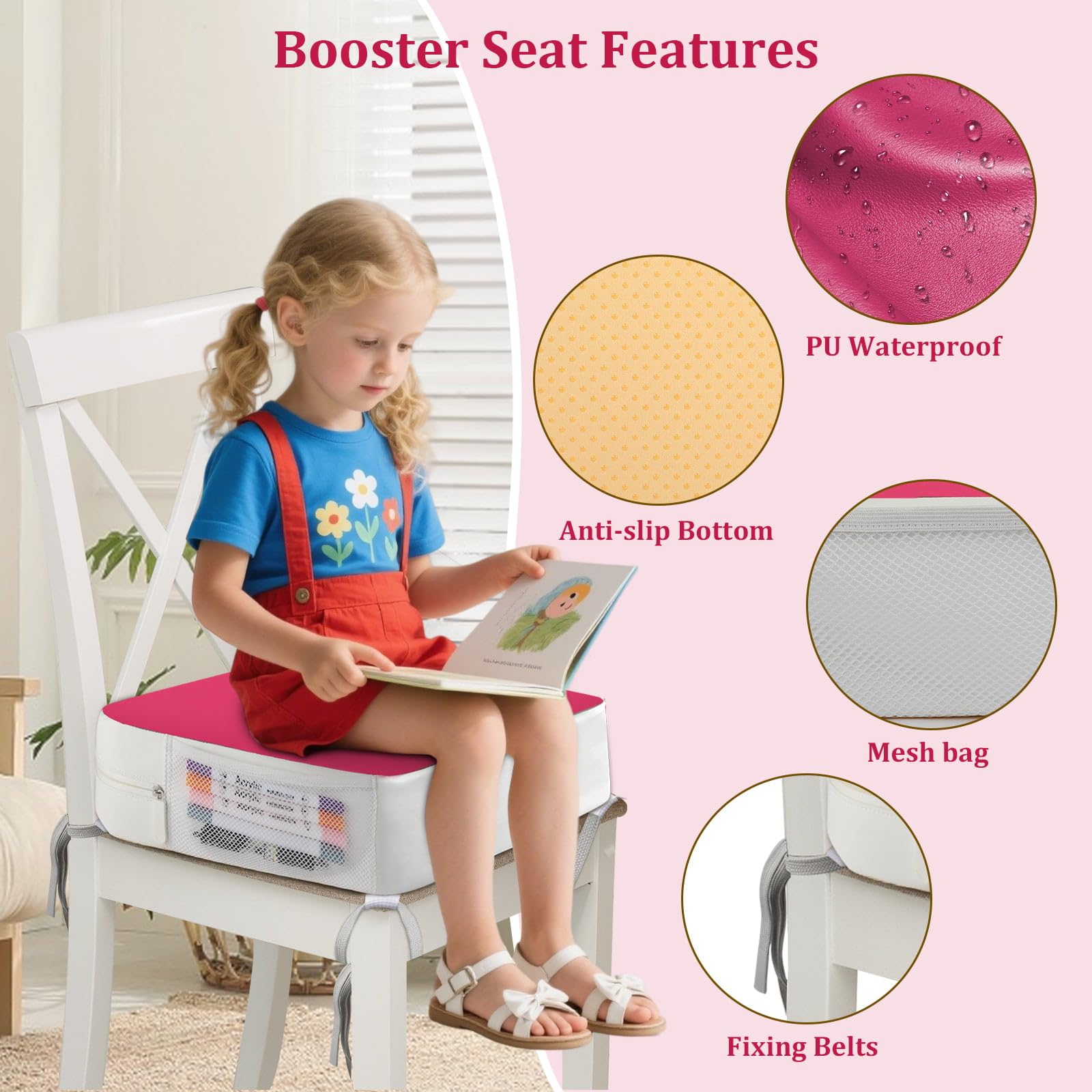 Rehausseur de chaise pour enfant - Ancrage 4 points - 9,6 cm - Surélévation pour tout-petits à la table à manger avec poches latérales - Coussin d'assise antidérapant et portable - Pour enfants - Rose